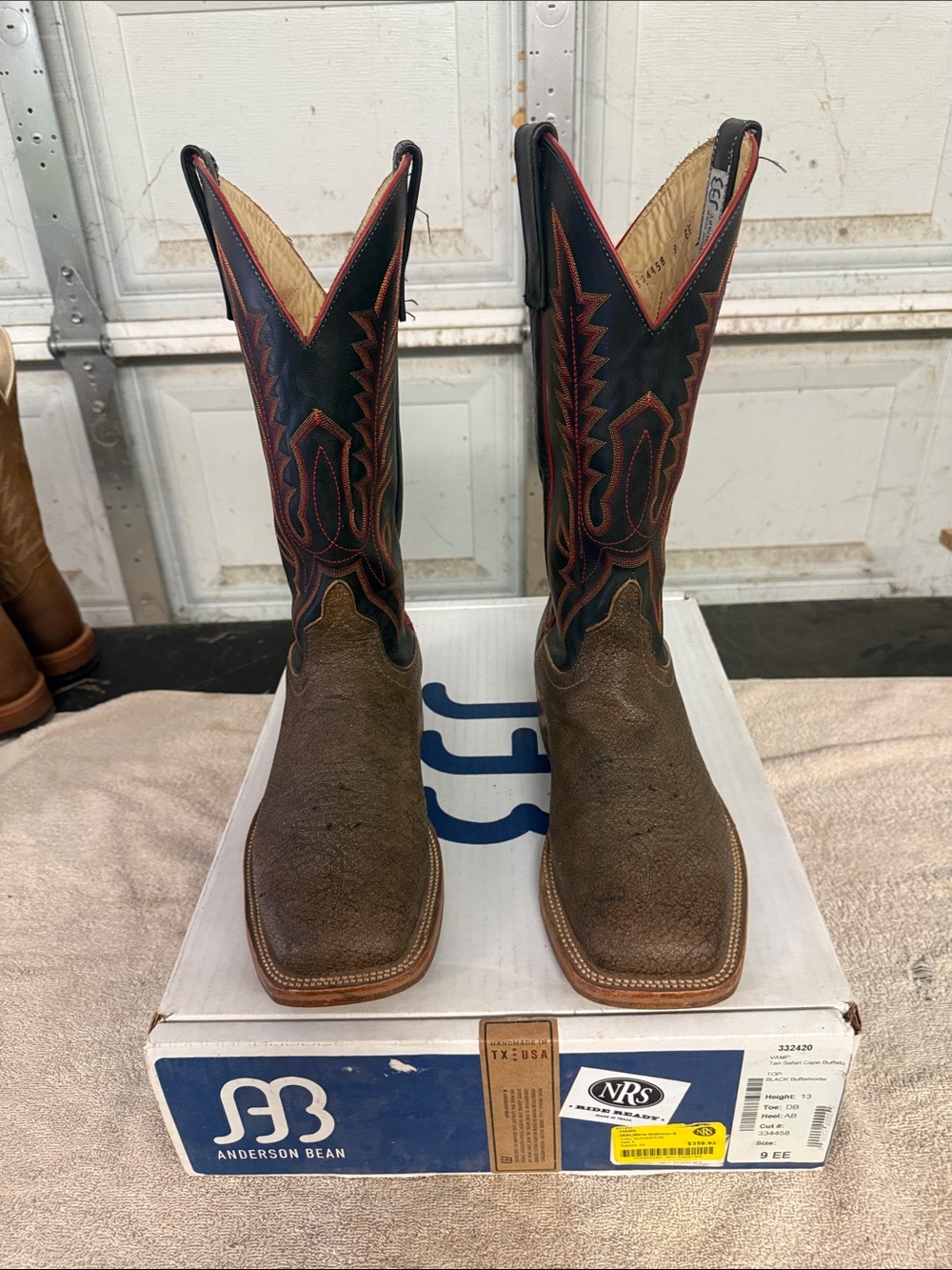 Anderson Bean Brown Foot Black Shaft Cowboy Boots with Red Stitching